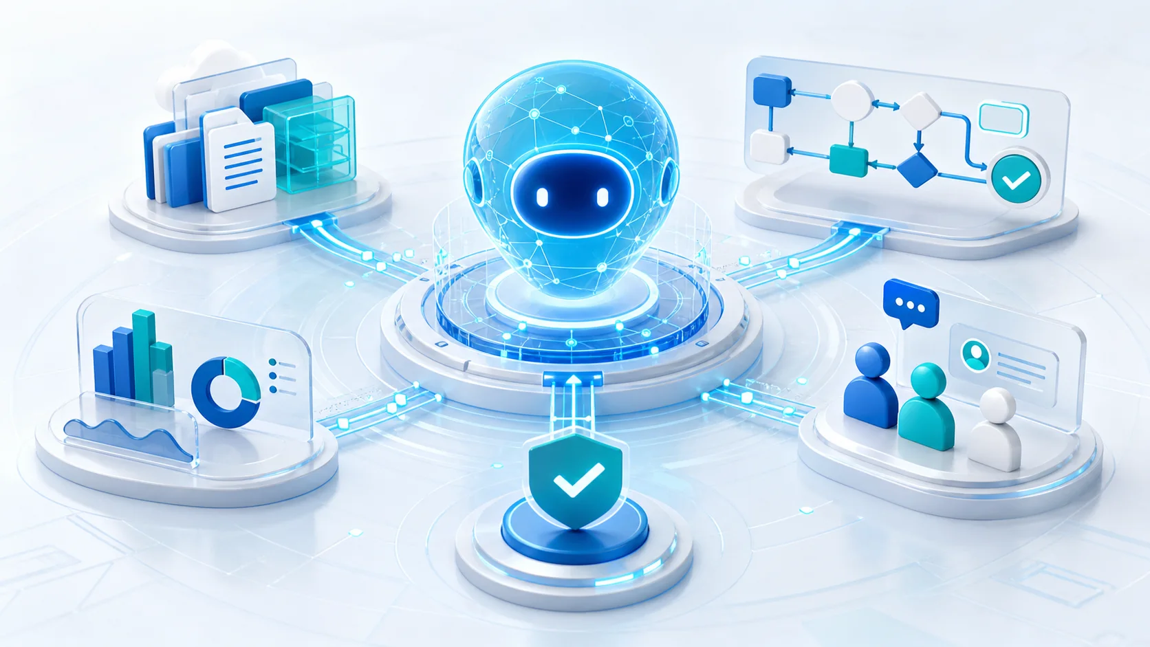 Agentic AI orchestration connecting knowledge, workflows, analytics, collaboration and human approval